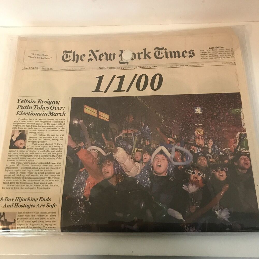 Vintage Y2K Newspaper New York Times January 1, 2000 Keepsake Bag New Original